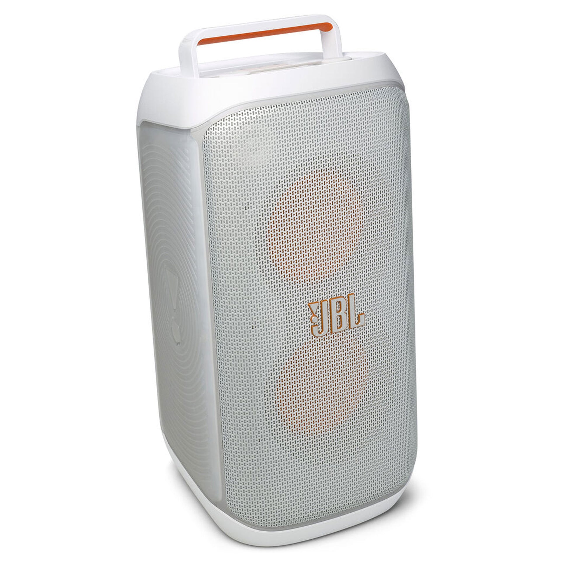 The JBL PartyBox Club 120 160W Wireless Party Speaker (White) features a mesh front, orange-accented handle, illuminated orange rings behind the grille, and AI Sound Boost for powerful audio on any occasion. Shown upright on a white background.