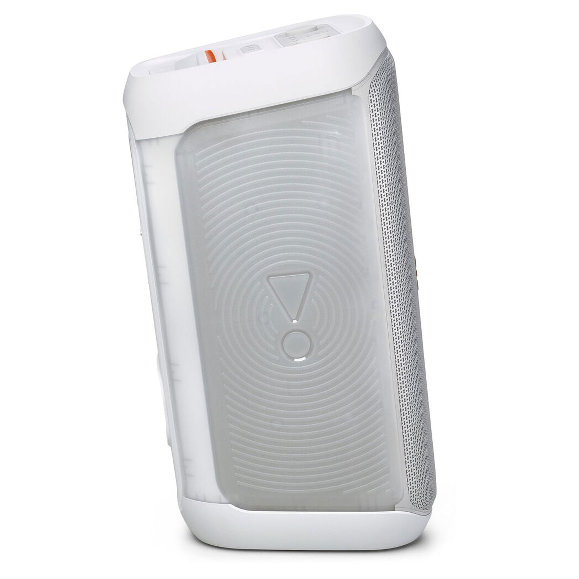 The JBL PartyBox Club 120 160W Wireless Party Speaker (White) stands upright with a translucent front panel featuring a circular pattern and exclamation mark design, making it the ideal choice for any party or gathering.