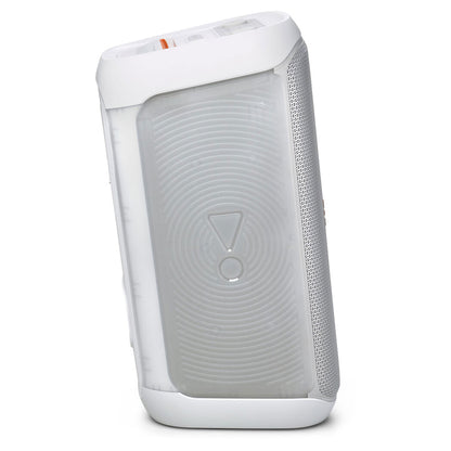 The JBL PartyBox Club 120 160W Wireless Party Speaker (White) stands upright with a translucent front panel featuring a circular pattern and exclamation mark design, making it the ideal choice for any party or gathering.