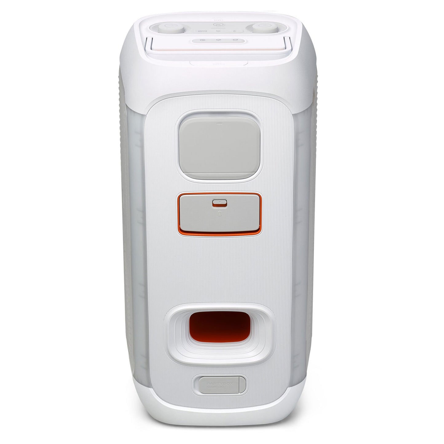 The JBL PartyBox Club 120 160W Wireless Party Speaker (White) features AI Sound Boost, a tall rectangular design with rounded edges, gray accents, top control buttons, and a red-bordered port with indicator on the front.