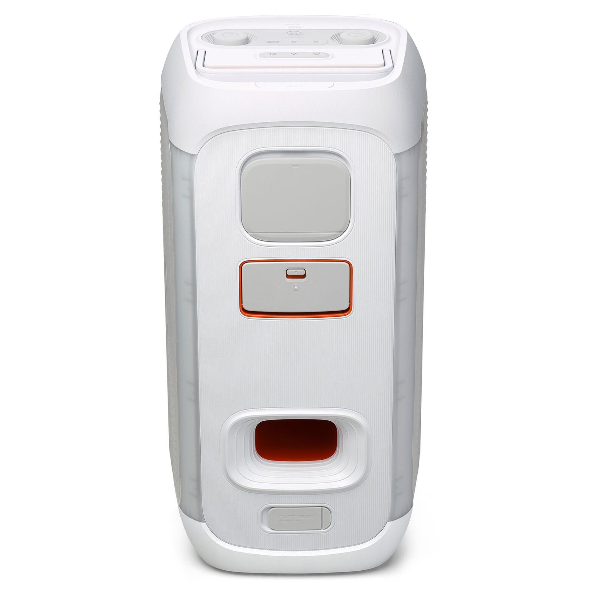 The JBL PartyBox Club 120 160W Wireless Party Speaker (White) features AI Sound Boost, a tall rectangular design with rounded edges, gray accents, top control buttons, and a red-bordered port with indicator on the front.
