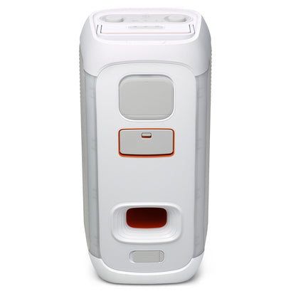 The JBL PartyBox Club 120 160W Wireless Party Speaker (White) features AI Sound Boost, a tall rectangular design with rounded edges, gray accents, top control buttons, and a red-bordered port with indicator on the front.