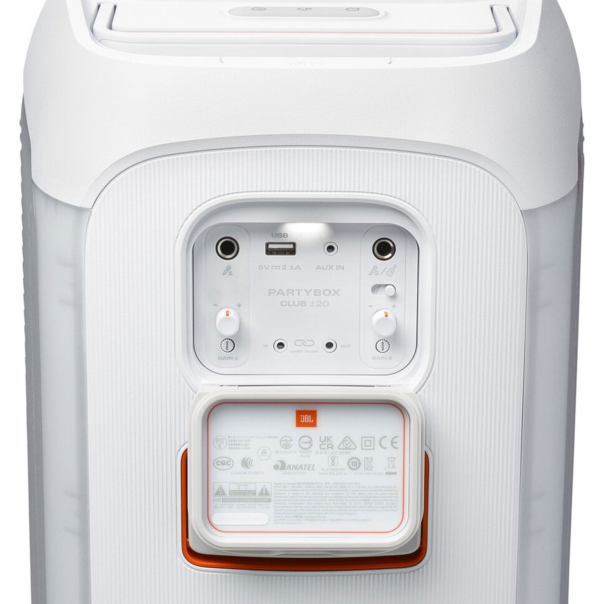 Close-up of the control panel on a white JBL PartyBox Club 120 160W Wireless Party Speaker, highlighting input ports, control knobs, a small compartment with the JBL logo, safety info, and an AI Sound Boost feature.