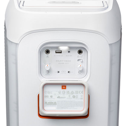 Close-up of the control panel on a white JBL PartyBox Club 120 160W Wireless Party Speaker, highlighting input ports, control knobs, a small compartment with the JBL logo, safety info, and an AI Sound Boost feature.