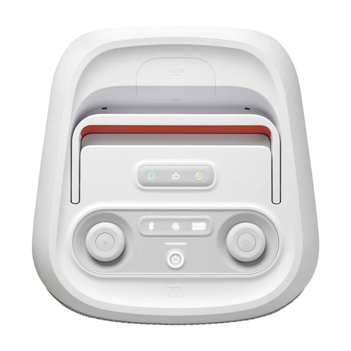 A top-down view of the JBL PartyBox Club 120 160W Wireless Party Speaker (White) shows its rounded edges, buttons, dials, indicator lights, and a red accent—ideal for boosting gatherings with powerful JBL sound.