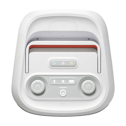 A top-down view of the JBL PartyBox Club 120 160W Wireless Party Speaker (White) shows its rounded edges, buttons, dials, indicator lights, and a red accent—ideal for boosting gatherings with powerful JBL sound.