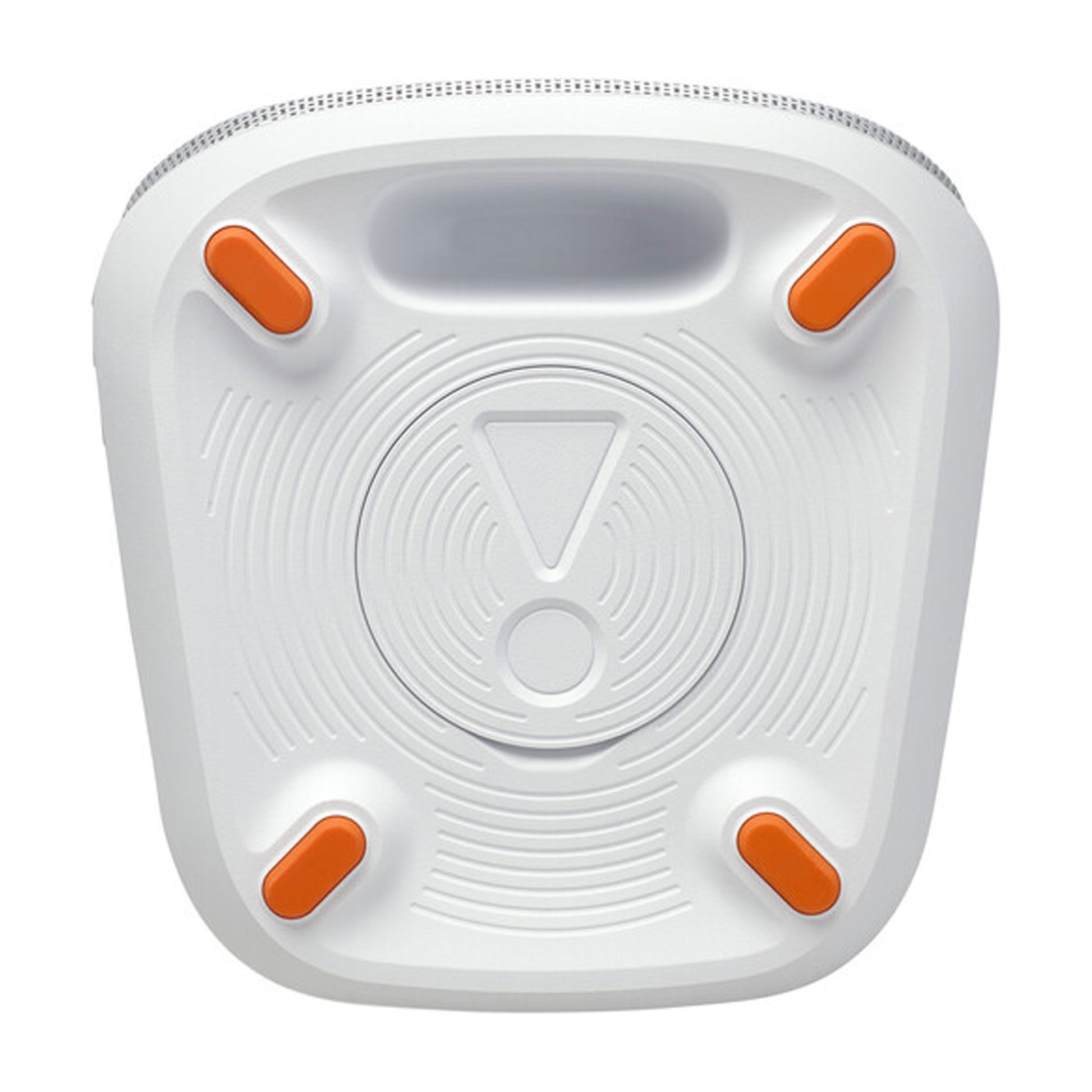 The JBL PartyBox Club 120 160W Wireless Party Speaker (White) features a square shape with rounded edges, four orange rubber feet, a center warning symbol, and a top groove for easy carrying.