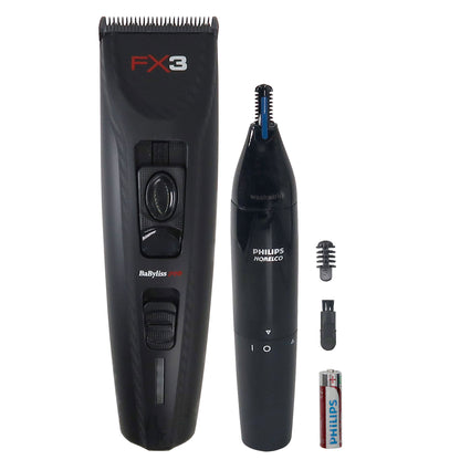 BaByliss Pro FX3 High Torque Cordless Clipper FXX3CB (Black) with Philips Norelco Ultimate Comfort Nose Trimmer NT1605/60 for Nose, Ear and Eyebrows