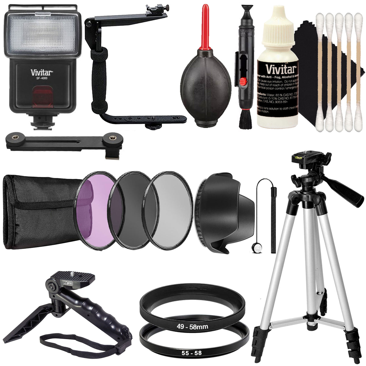 Tripod + Cold Shoe Bracket + SF-4000 Zoom Flash + 49-58mm Step Up Ring to Attach 58mm Filters to 49mm Thread Lenses + 55-58mm Step-Up Ring Adapter 55mm Thread Lens to 58mm Lens Accessories + 58mm Filter Kit + Grip-Stand Tripod + LensHood + CleaningKit