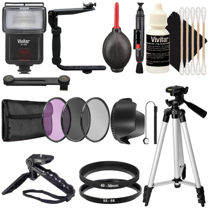 Tripod + Cold Shoe Bracket + SF-4000 Zoom Flash + 49-58mm Step Up Ring to Attach 58mm Filters to 49mm Thread Lenses + 55-58mm Step-Up Ring Adapter 55mm Thread Lens to 58mm Lens Accessories + 58mm Filter Kit + Grip-Stand Tripod + LensHood + CleaningKit