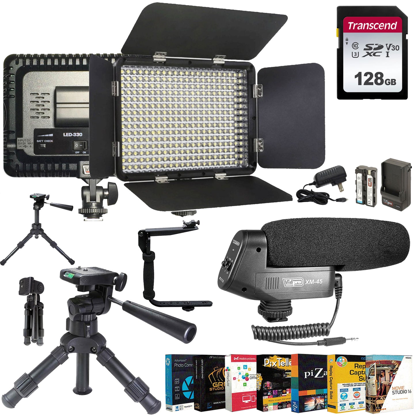 Ultimate Content Creator Studio Kit – LED Lighting, Shotgun Mic, 128GB SD Card, Tripod, Editing Suite & Flash Bracket