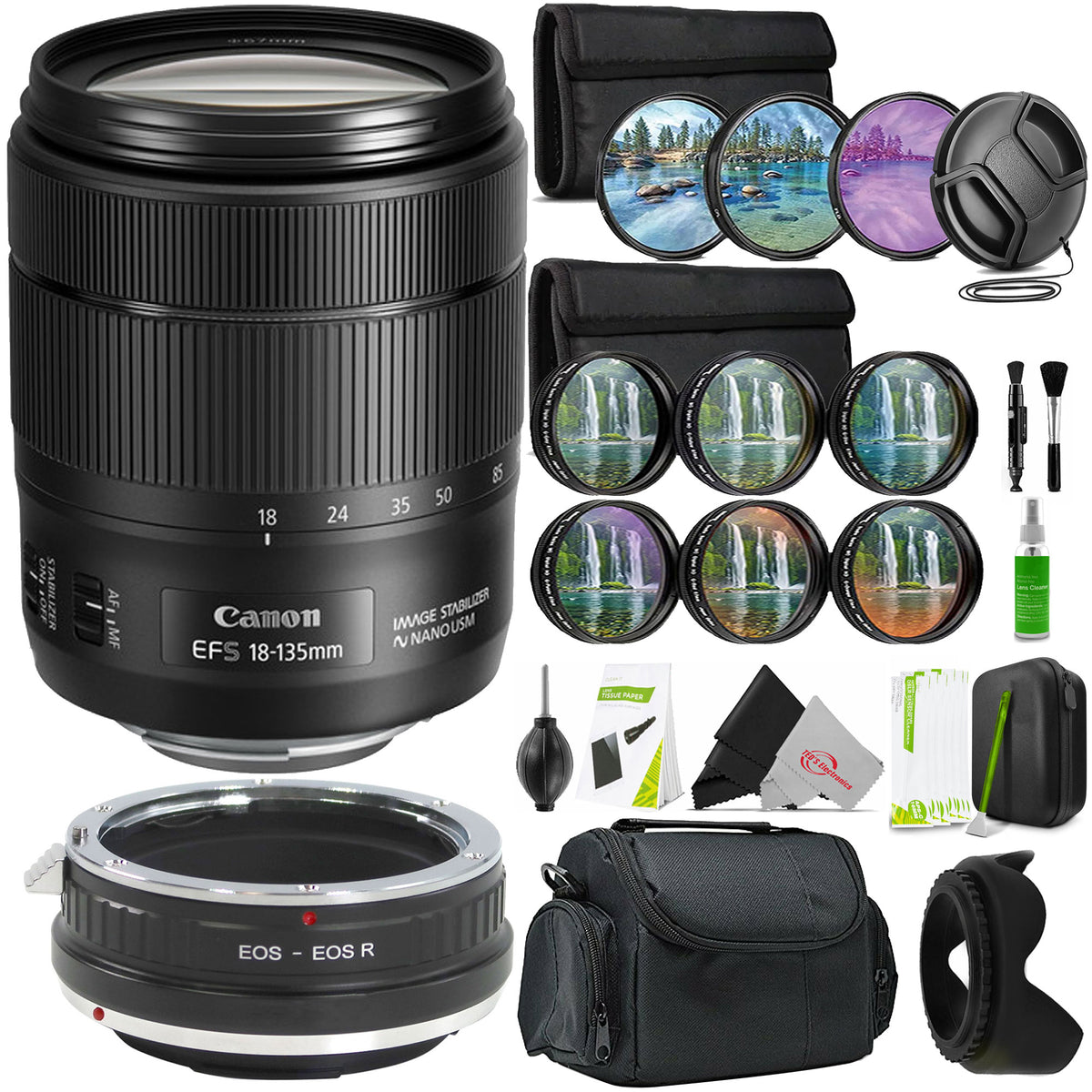 Canon EF-S 18-135mm Lens Bundle for EOS R Cameras â€“ Includes Adapter, 67mm Filters, Lens Hood, Lens Case & Cleaning Kit