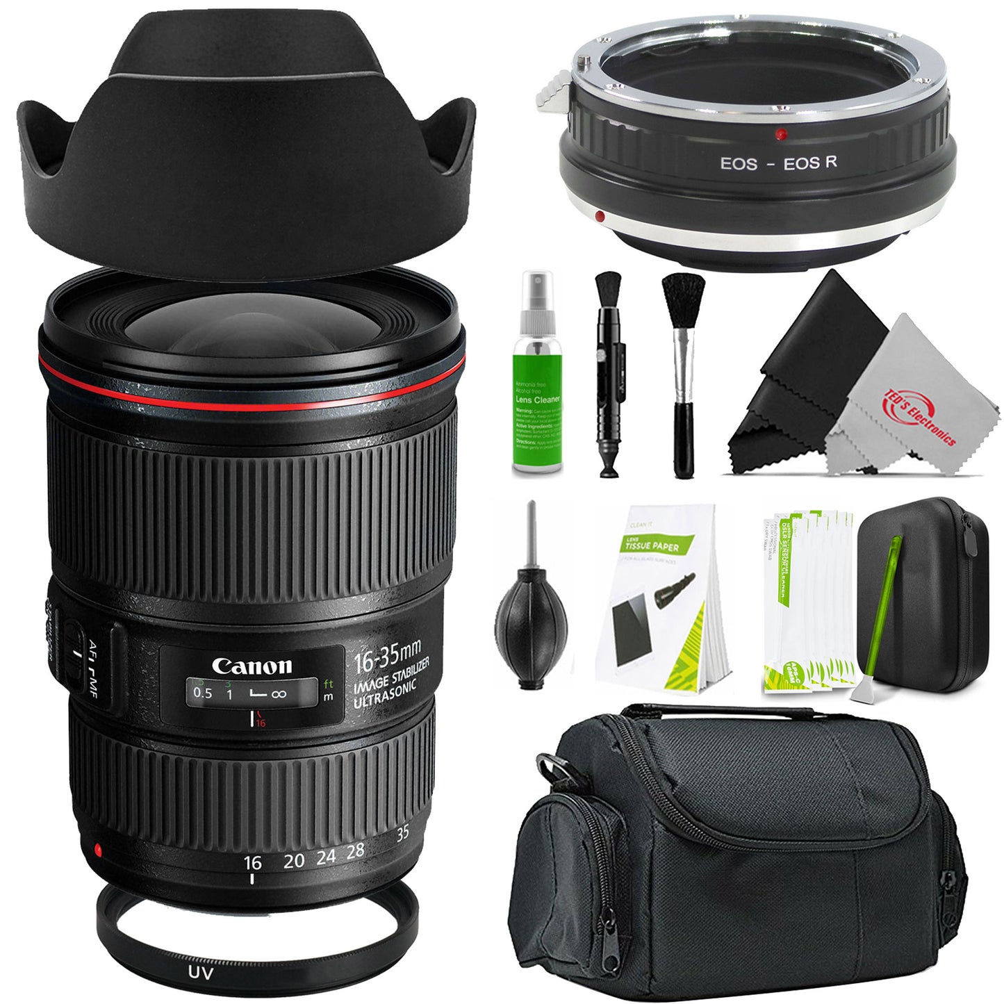 Canon EF 16-35mm f/4L IS USM Lens Bundle for EOS R Cameras – Includes Adapter, 77mm Filters, Lens Hood, Case & Cleaning Kit