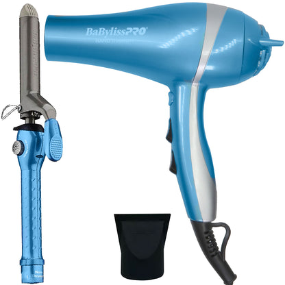 BaByliss Pro Nano Titanium Lightweight Ionic Hair Dryer BNT5548 (Blue) with Babyliss Pro Nano Titanium 1" Spring Curling Iron