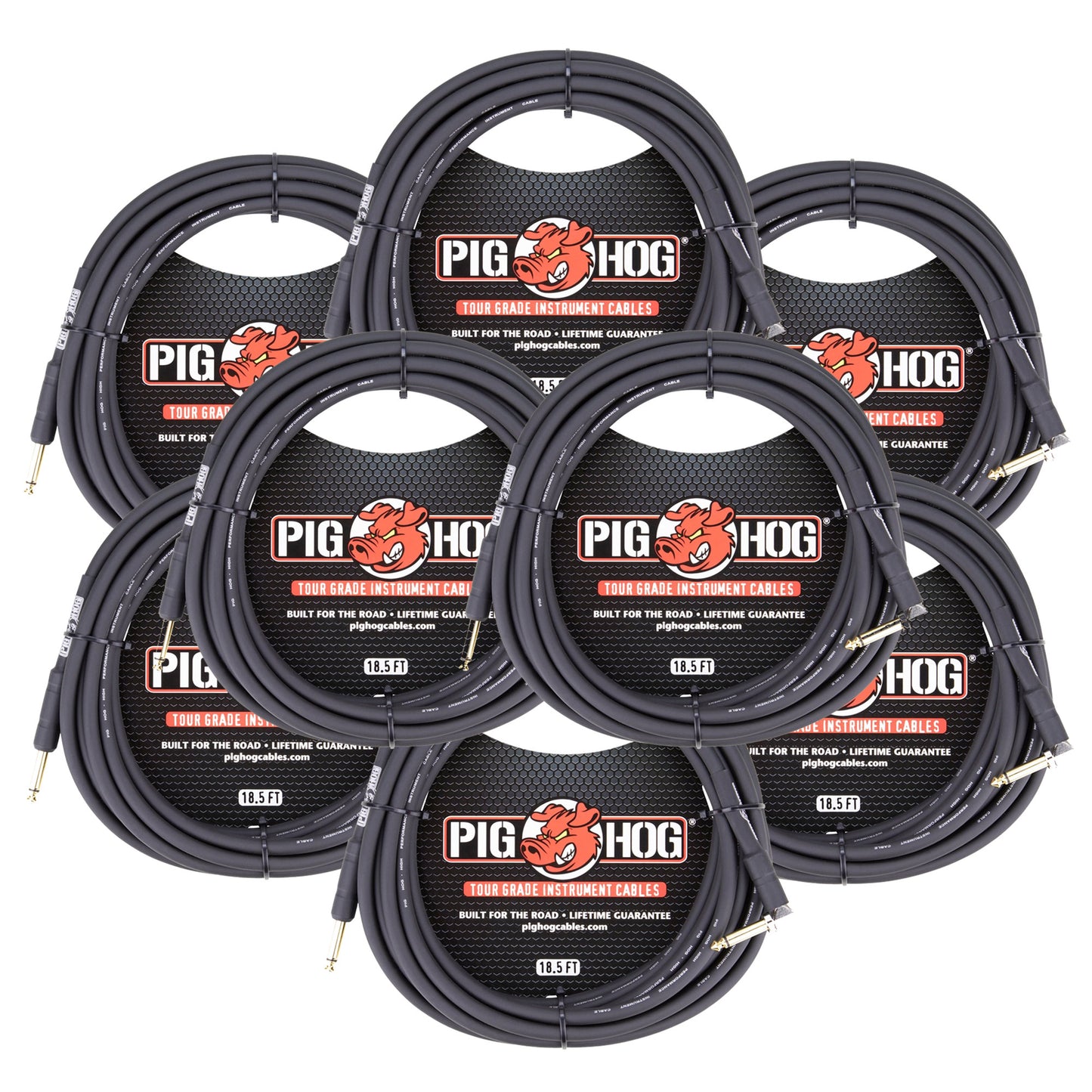 Pig Hog Tour Grade 18.5ft 1/4" - 1/4" 8mm Instrument Cable Straight to Right Angle Connectors - 8 Pack