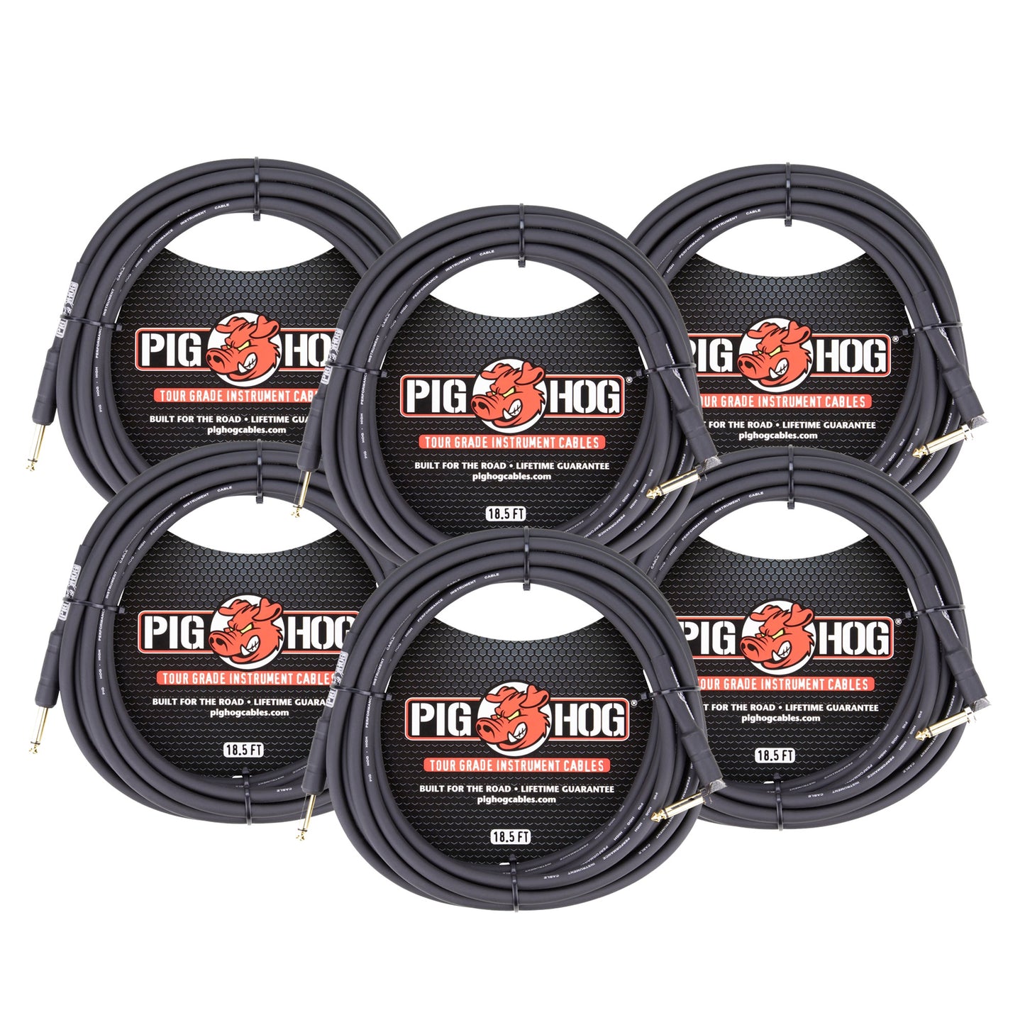 Pig Hog Tour Grade 18.5ft 1/4" - 1/4" 8mm Instrument Cable Straight to Right Angle Connectors - 6 Pack