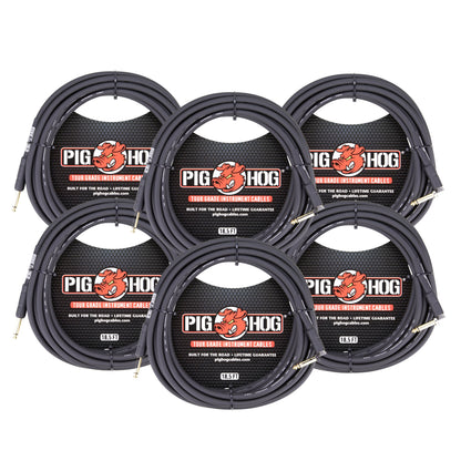 Pig Hog Tour Grade 18.5ft 1/4" - 1/4" 8mm Instrument Cable Straight to Right Angle Connectors - 6 Pack