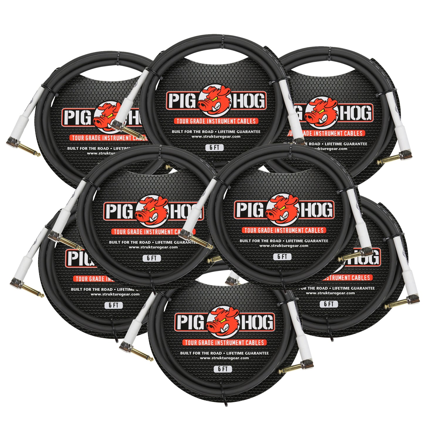 Pig Hog Tour Grade 6 ft Instrument Cable 1/4" to 1/4" Right Angle Connectors (PH6RR) - 8 Pack