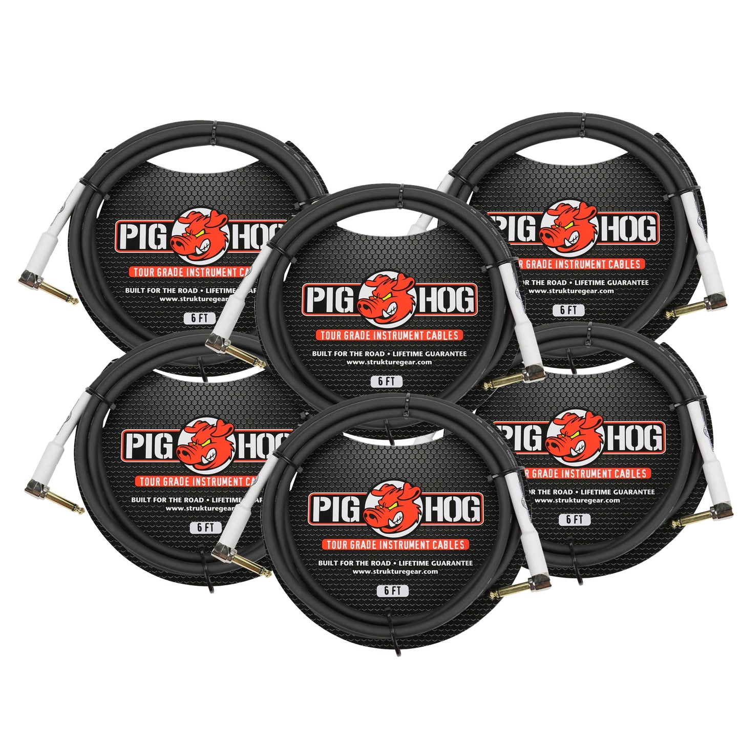 Pig Hog Tour Grade 6 ft Instrument Cable 1/4" to 1/4" Right Angle Connectors (PH6RR) - 6 Pack