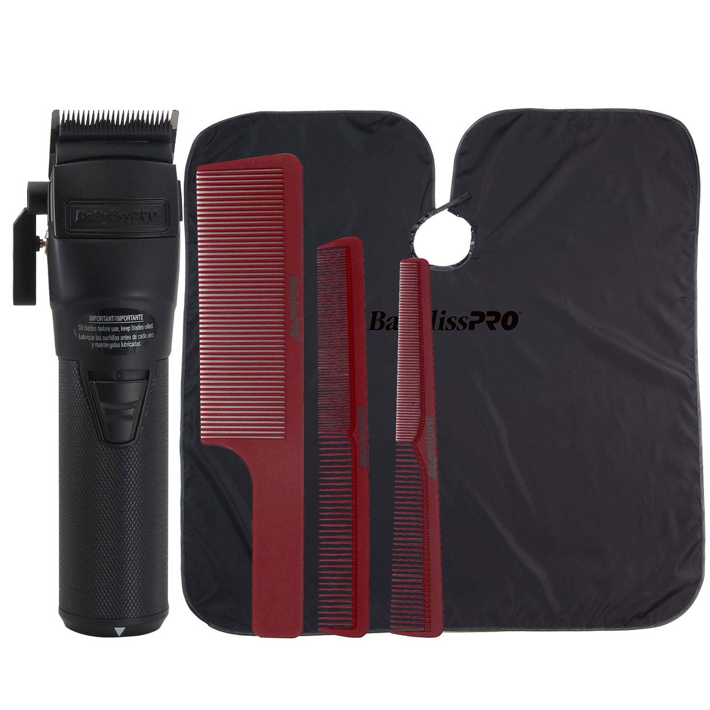 BaByliss Pro FXONE BLACKFX All-Metal Interchangeable-Battery Clipper FX899MB with Professional Cutting Cape and Comb Set (Clipper, Cutting, Taper Combs)