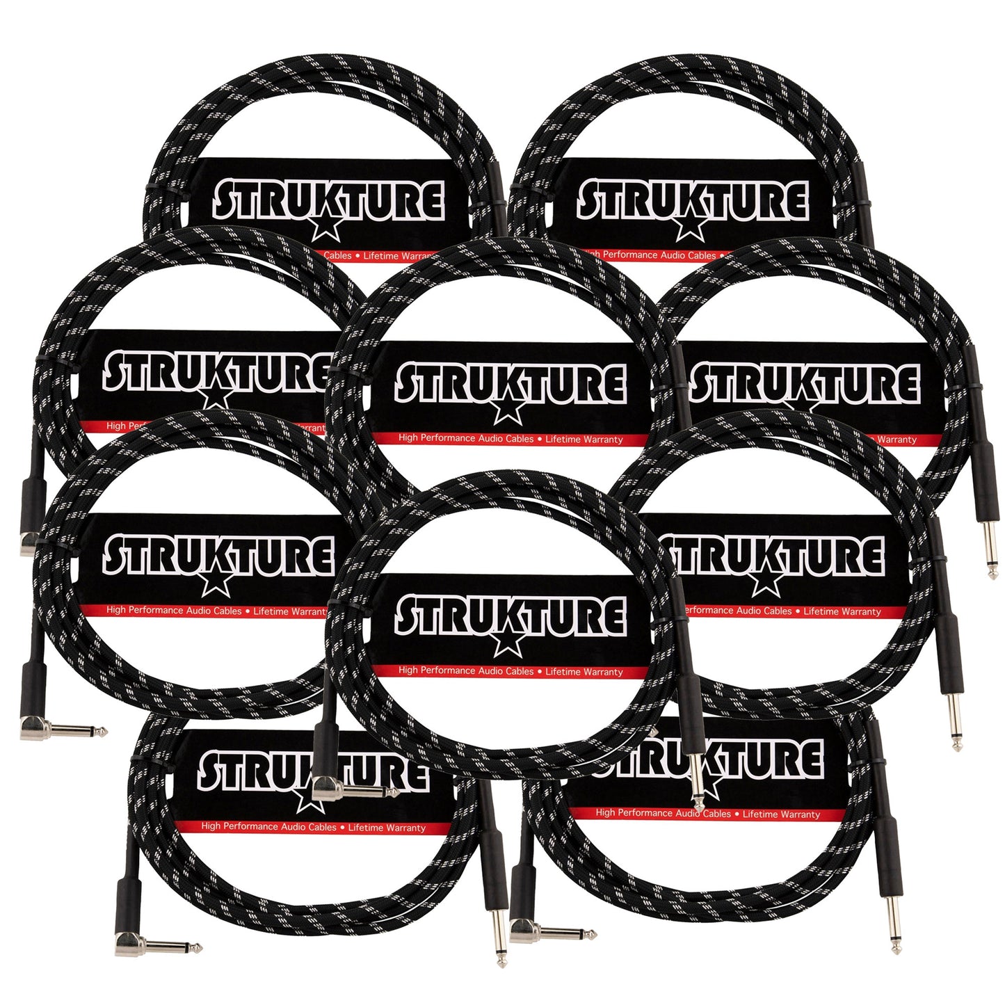 10x Strukture Instrument Cable 10ft. Right Angle (Black/Silver)