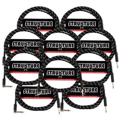 10x Strukture Instrument Cable 10ft. Right Angle (Black/Silver)