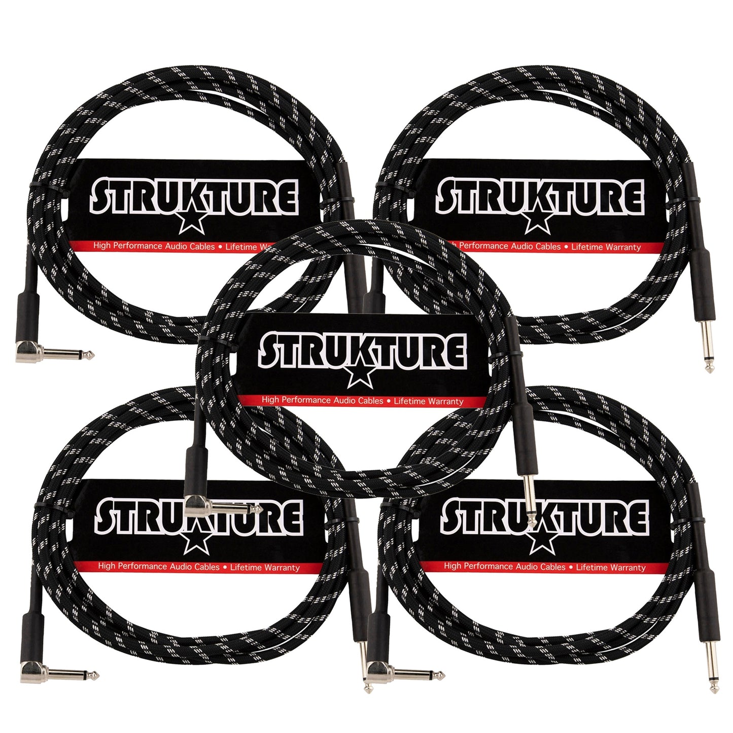Strukture Instrument Cable 10ft. Right Angle (Black/Silver) - 5 Pack