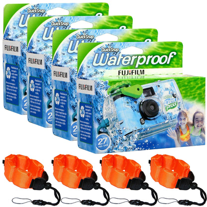 4x Fujifilm QuickSnap 800 Waterproof One-Time Use Disposable 35mm Camera - 27 Exposures with 4x Floating Foam Strap-Orange