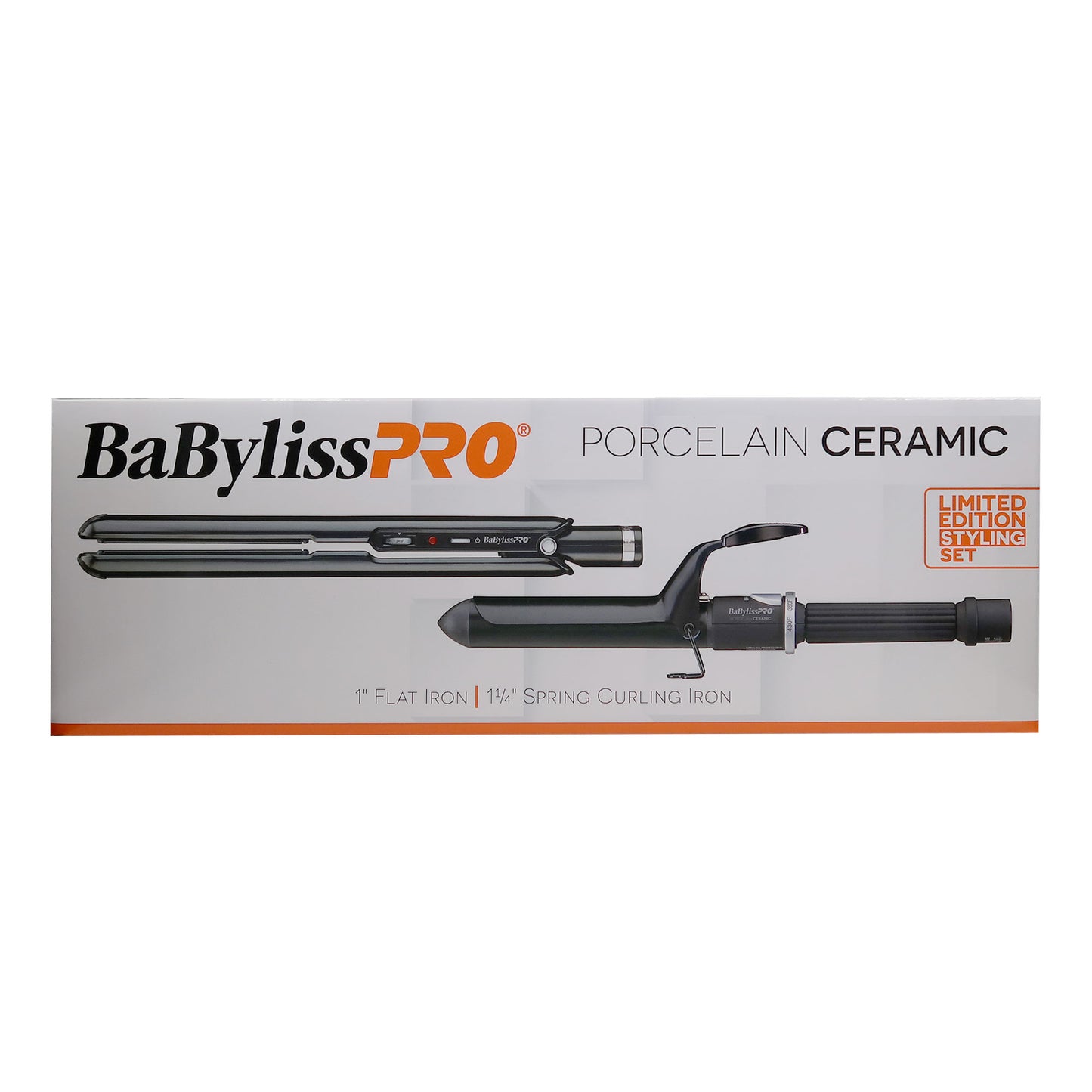 BaByliss Pro Porcelain Ceramic Limited Edition Straightening Iron 1" and Spring Curling Iron 1¼" Styling Set BPCPP6UC with Apron