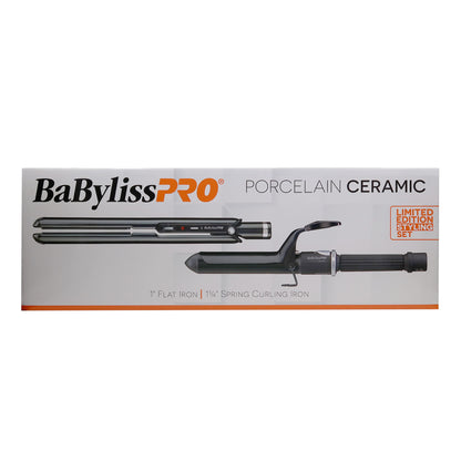 BaByliss Pro Porcelain Ceramic Limited Edition Straightening Iron 1" and Spring Curling Iron 1¼" Styling Set BPCPP6UC with Apron