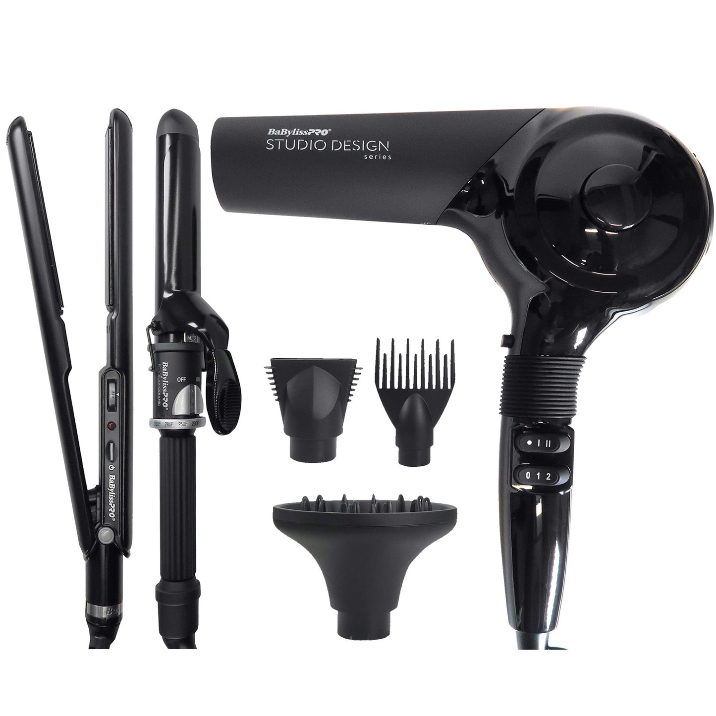 BaByliss Pro Studio Design Series Sensor Hair Dryer BCI800UC with Porcelain Ceramic Limited Edition 1" Straightening Iron, 1¼" Spring Curling Iron Set BPCPP6UC