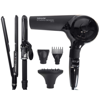 BaByliss Pro Studio Design Series Sensor Hair Dryer BCI800UC with Porcelain Ceramic Limited Edition 1" Straightening Iron, 1¼" Spring Curling Iron Set BPCPP6UC