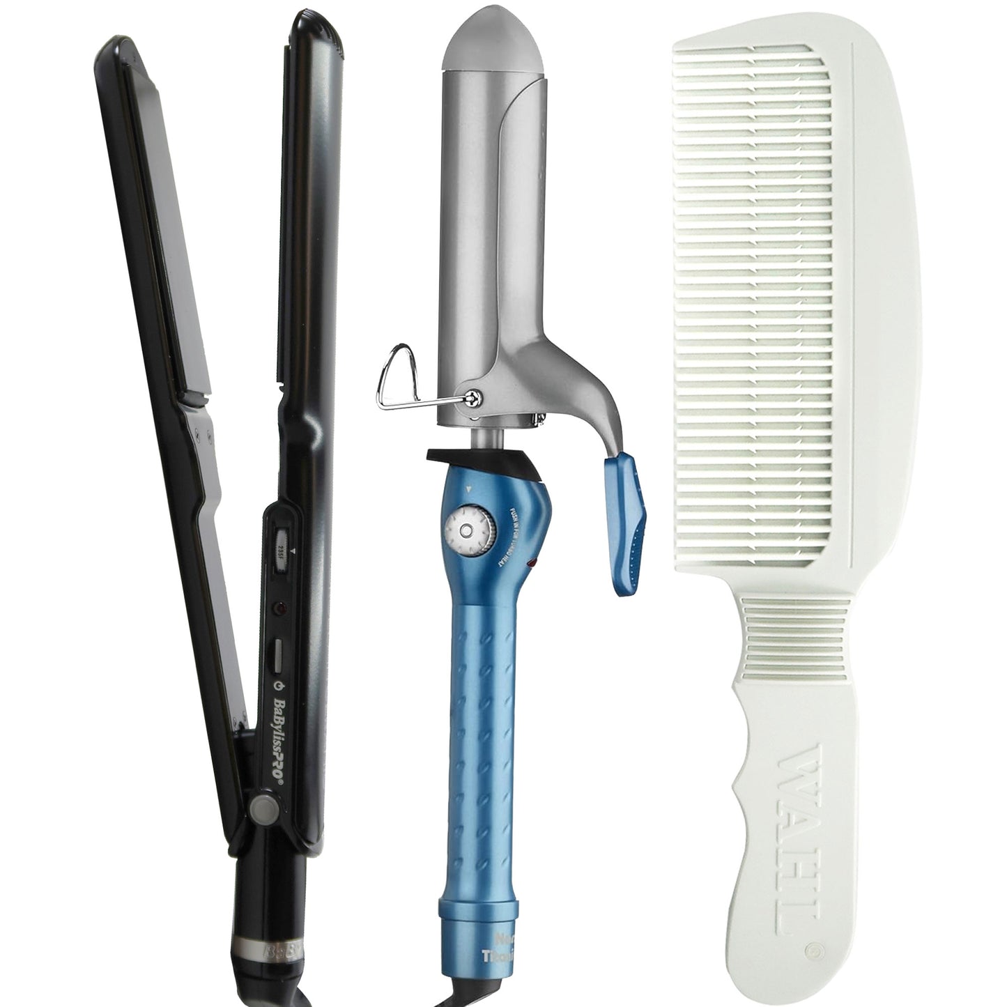 BaByliss Pro Porcelain Ceramic 1½" Straightening Iron BP9559UC with Nano Titanium 1" Spring Curling Iron and Flat Top Comb