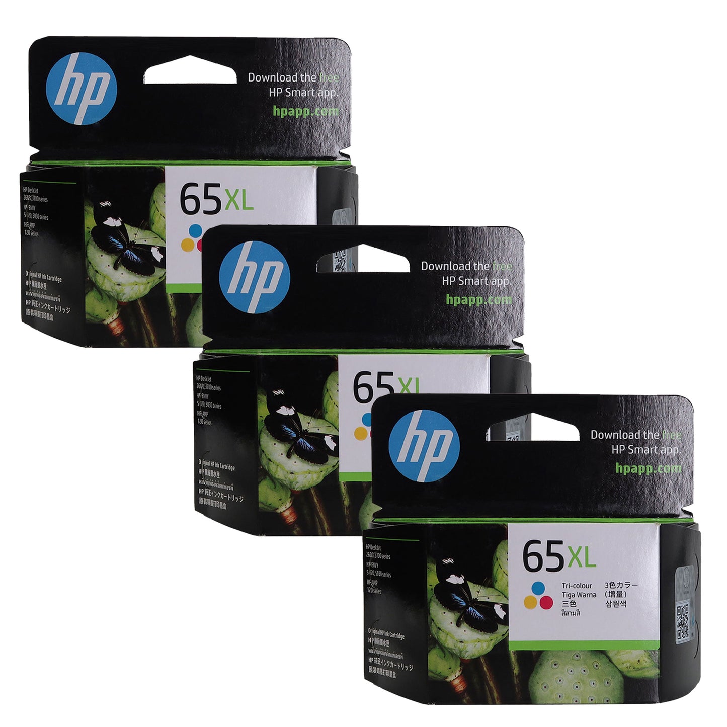 3 Pack HP 65XL Tri-color Original Ink Cartridge, N9K03AA