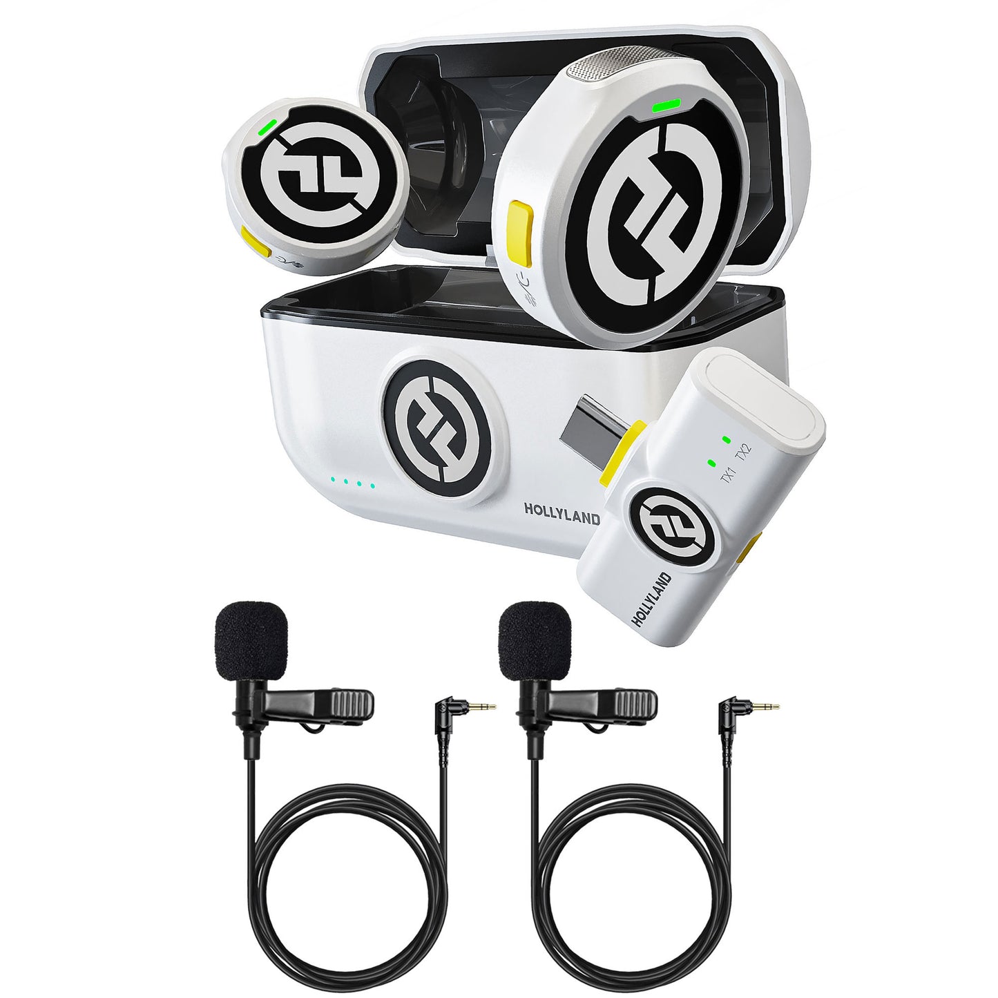 Hollyland LARK M2 DUO 2-Person Wireless Microphone System with USB-C Connector (2.4 GHz, Ivory White) + 2x Hollyland Lavalier Microphone: Omni Sound, Wide Compatibility (3.5mm)