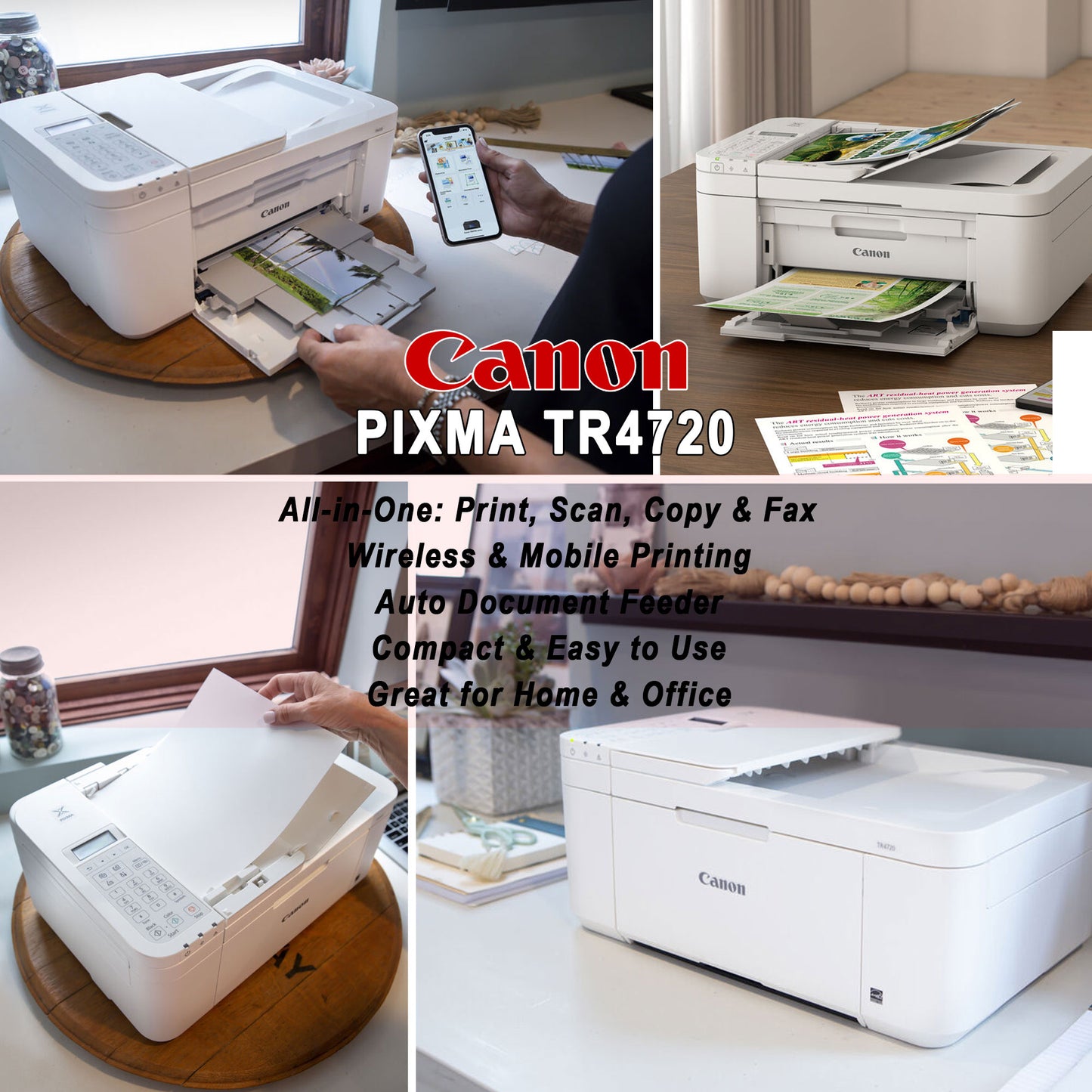 Canon PIXMA TR4720 Wireless All-in-One Printer White with 10FT 2.0 USB Type A Male To B Male Cable and Printer Essentials Digital Download Card for PC