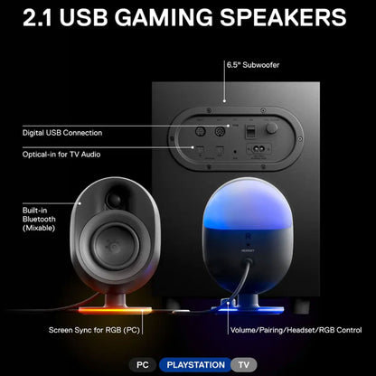 SteelSeries Arena 7 Reactive RGB Illuminated 2.1 Gaming Speakers with Powerful Bass, Subwoofer, and Bluetooth - For PC, PlayStation, Mobile