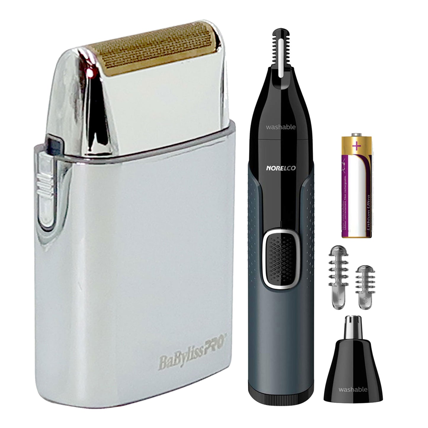 BaByliss Pro Professional Hypoallergenic Single Foil Cordless Shaver FXFS1 with Philips Norelco Nose Trimmer 3000 for Nose, Ears Eyebrows NT3600/62