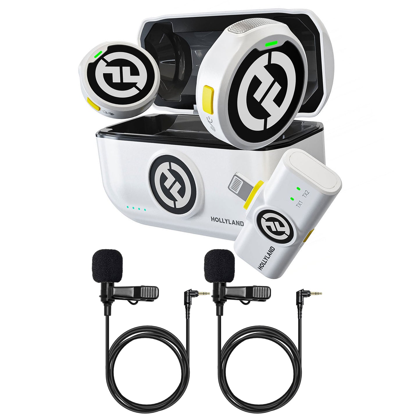 Hollyland LARK M2 DUO 2-Person Wireless Microphone System w/ Lightning Connector (Ivory White) + Lavalier Microphone Omni Sound, Wide Compatibility (3.5mm)