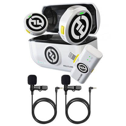 Hollyland LARK M2 DUO 2-Person Wireless Microphone System w/ Lightning Connector (Ivory White) + Lavalier Microphone Omni Sound, Wide Compatibility (3.5mm)