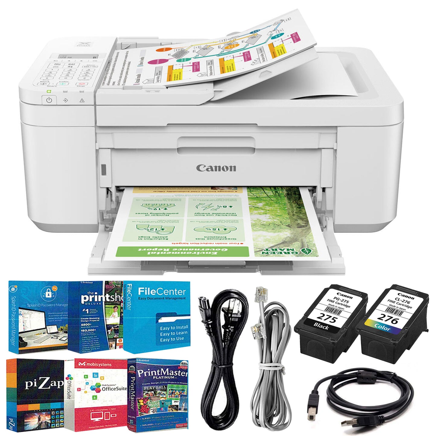Canon PIXMA TR4720 Wireless All-in-One Printer White with 10FT 2.0 USB Type A Male To B Male Cable and Printer Essentials Digital Download Card for PC