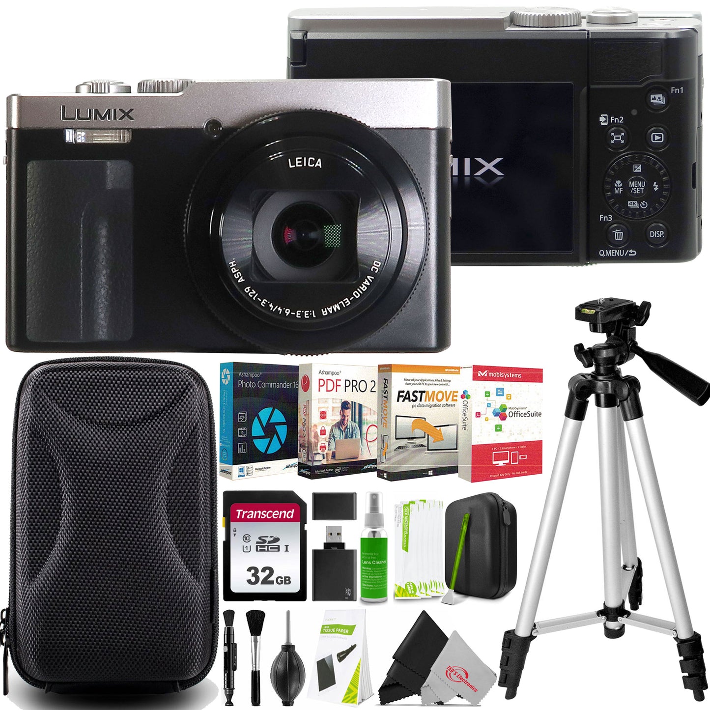 Panasonic Lumix ZS99 20.3MP 30X Optical Zoom Digital Camera (Silver) + 32GB Transcend SDHC Memory Card + Hard shell camera case + Tech Smart USA Elite Suite 18 Standard Editing Software Bundle + Professional Tripod + Memory Card Reader + Cleaning Kit