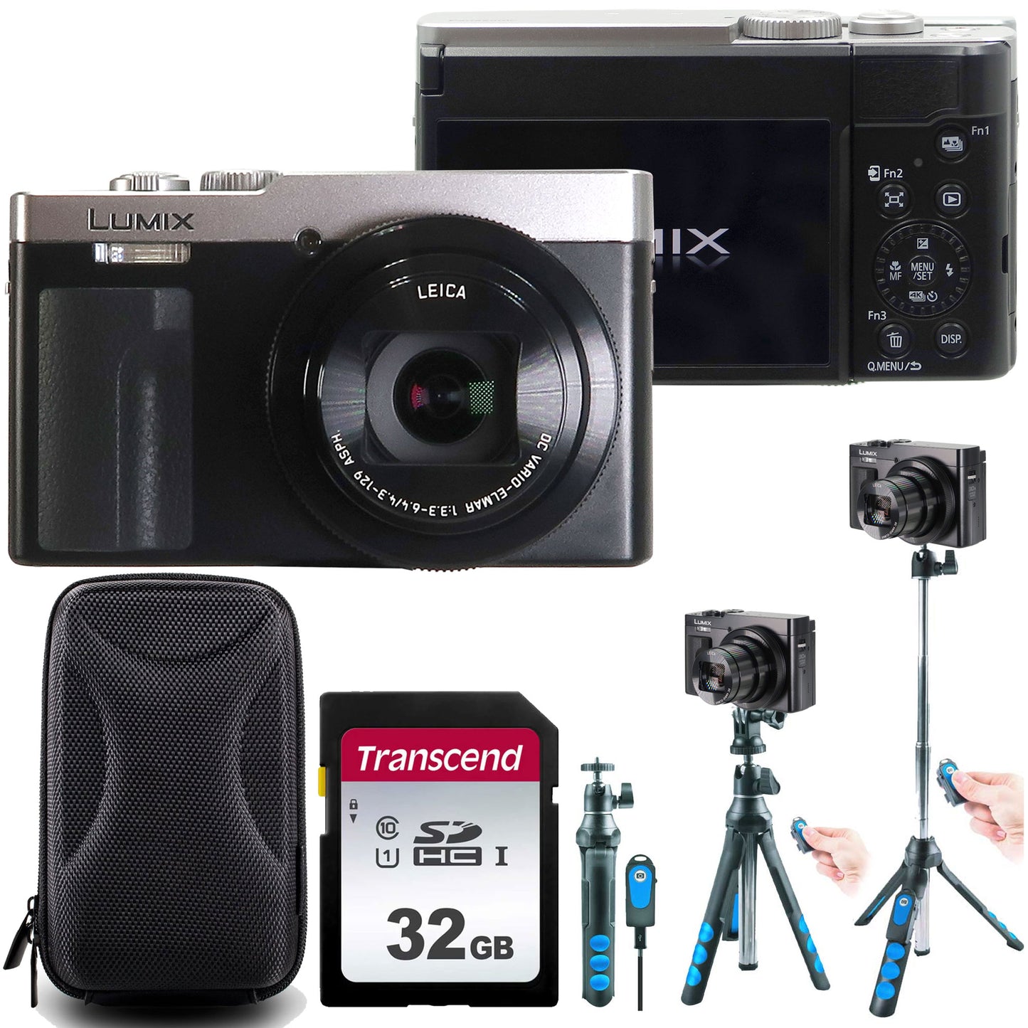 Panasonic Lumix ZS99 20.3MP 30X Optical Zoom Digital Camera (Silver) + 32GB Transcend SDHC Memory Card CLASS 10 + Vivitar 7-in-1 Streaming Essentials Selfie Tripod Selfie Stick with Wireless Remote for Smartphones Cameras and GoPro + Hard shell camera cas