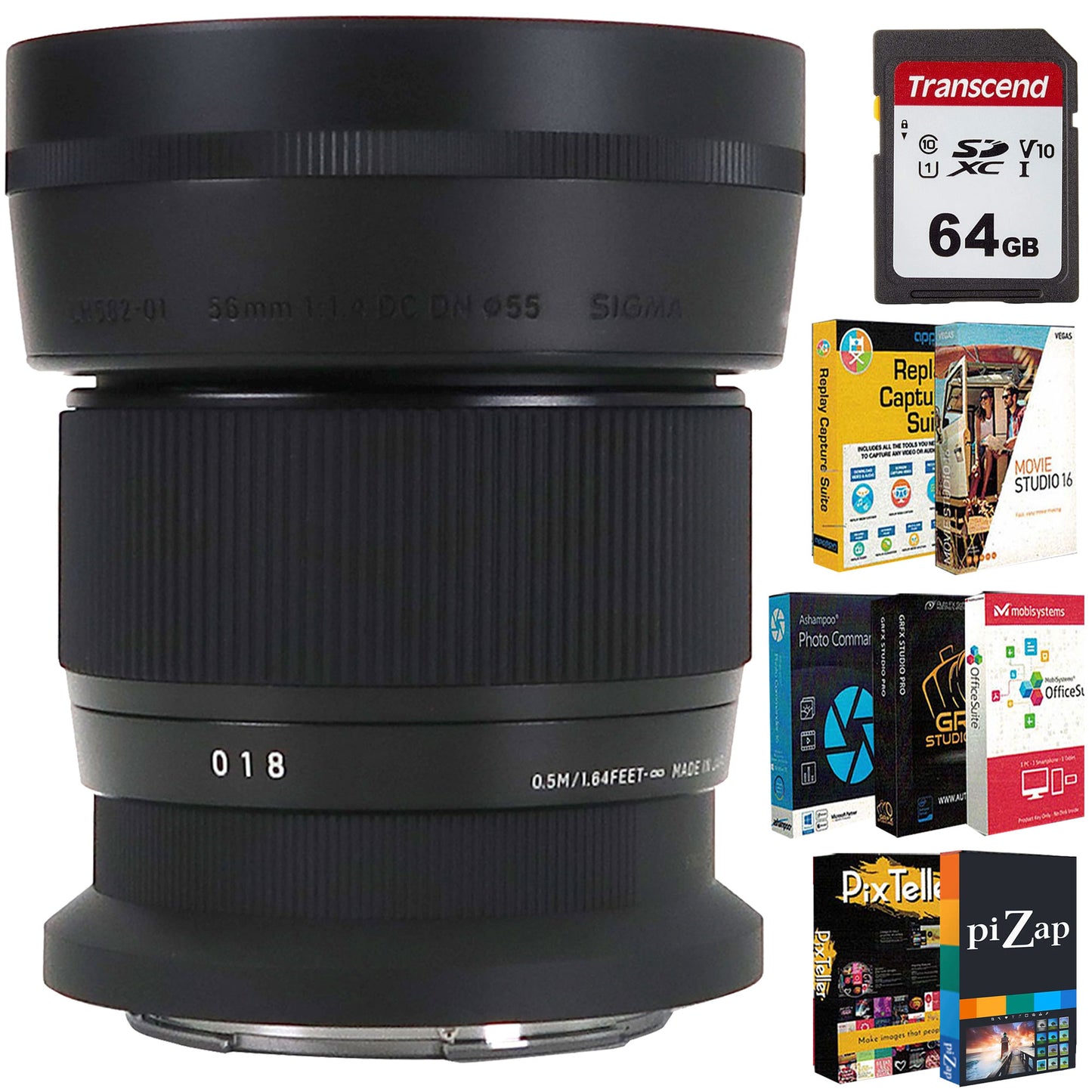 Sigma 56mm f/1.4 DC DN Contemporary Lens (Nikon Z) + Transcend 64GB 300S SDXC Class 10 Memory Card + Tech Smart USA Elite Suite 18 Standard Editing Software Bundle