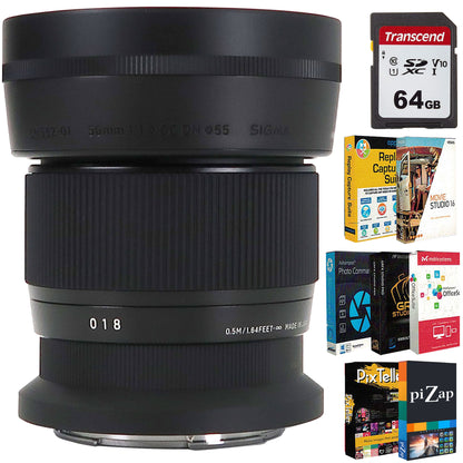 Sigma 56mm f/1.4 DC DN Contemporary Lens (Nikon Z) + Transcend 64GB 300S SDXC Class 10 Memory Card + Tech Smart USA Elite Suite 18 Standard Editing Software Bundle