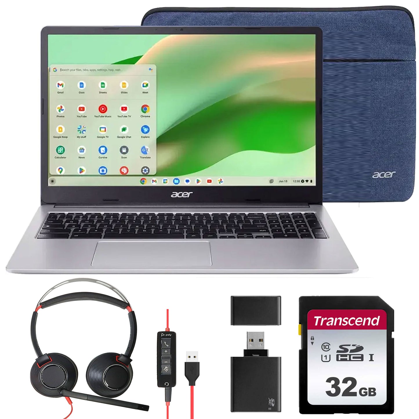 Acer Chromebook 315 15.6" Full HD Laptop - Intel Celeron N4500, 4GB LPDDR4X, 64GB eMMC (Sparkly Silver) with Case + Poly Blackwire 5220 Stereo Wired Headset Bundle