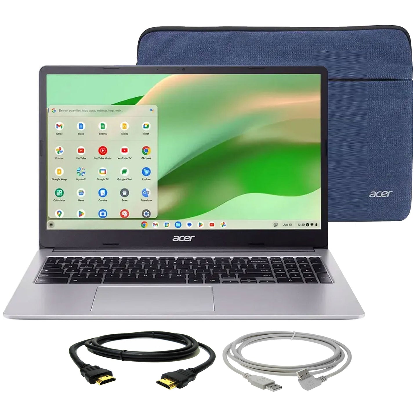 Acer Chromebook 315 15.6" Full HD Laptop - Intel Celeron N4500, 4GB LPDDR4X, 64GB eMMC (Sparkly Silver) with Protective Case + Cables