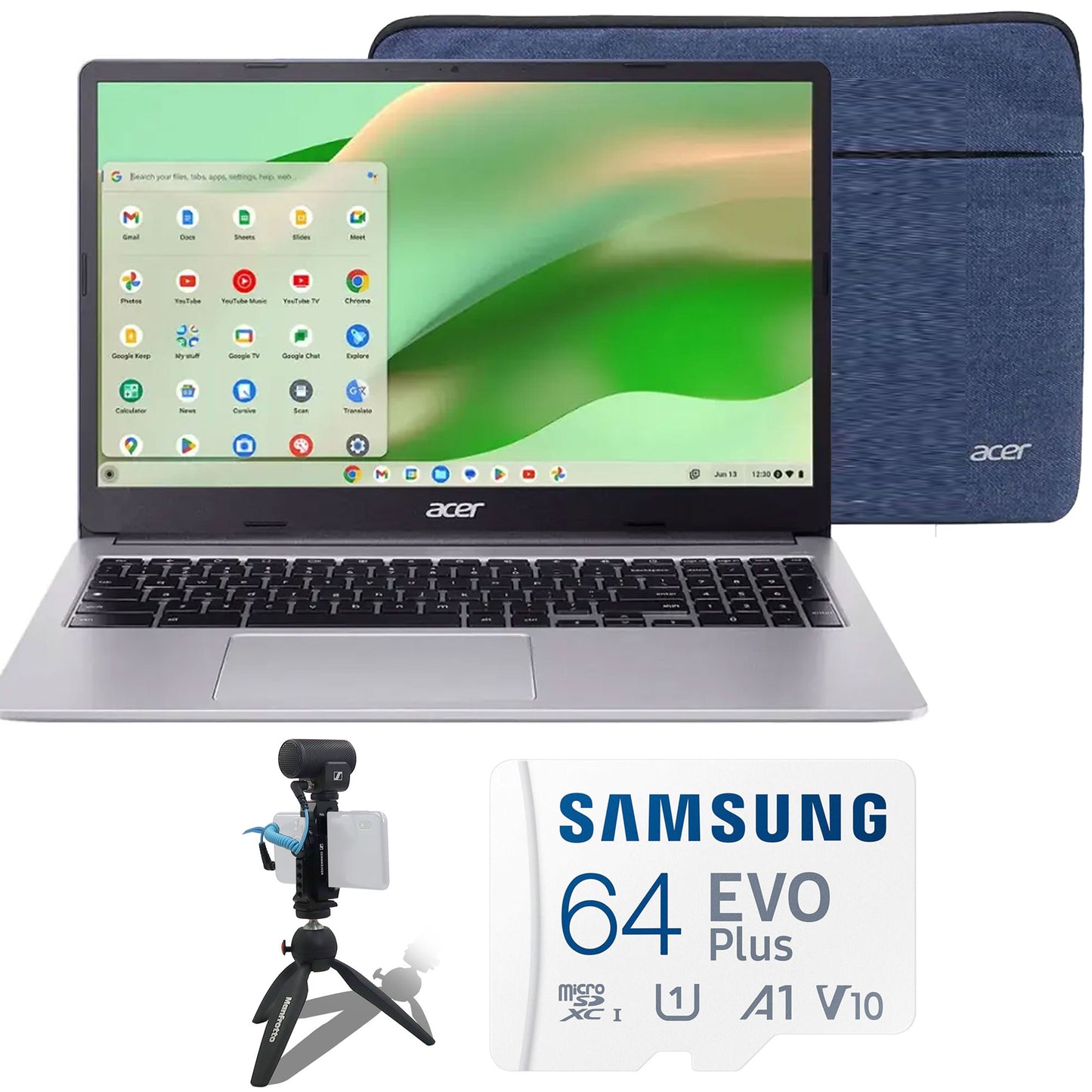 Acer Chromebook 315 15.6" Full HD Laptop 4GB LPDDR4X, 64GB eMMC (Sparkly Silver) + Case with Sennheiser MKE 200 Mobile Kit and 64GB microSDXC Card