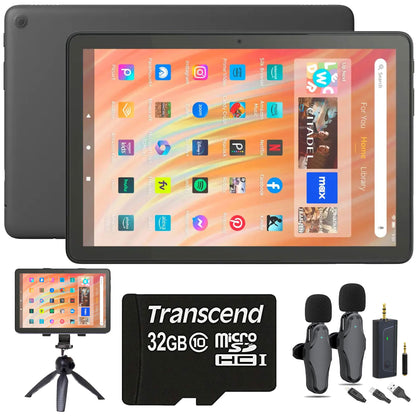 Amazon Fire HD 10 32GB 10.1" Tablet with Wi-Fi - 13th Gen (Black) with 2-Person Wireless Mic Recording Set for Podcasters and Youtubers