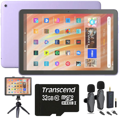 Amazon Fire HD 10 64GB 10.1" Tablet with Wi-Fi - 13th Gen (Lilac) + Vidpro 2-Person Wireless Lavalier Microphone Bundle